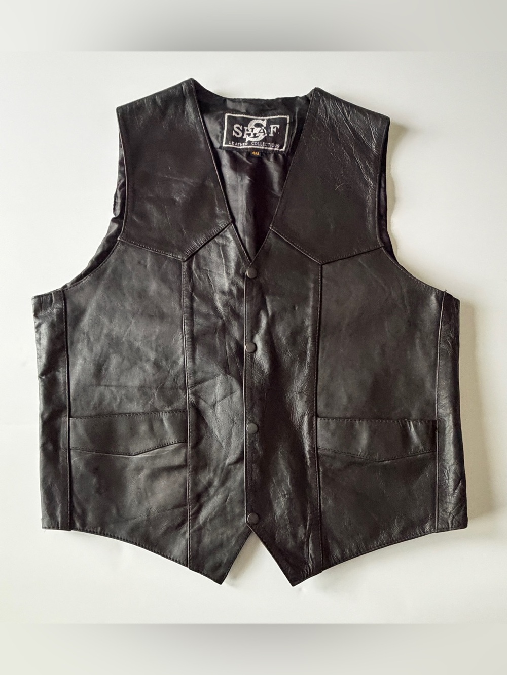 Shaf Black Leather Vest 48 Snap Front Biker Nice Condition